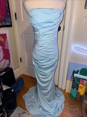 Light Blue Ruched Strapped Gown